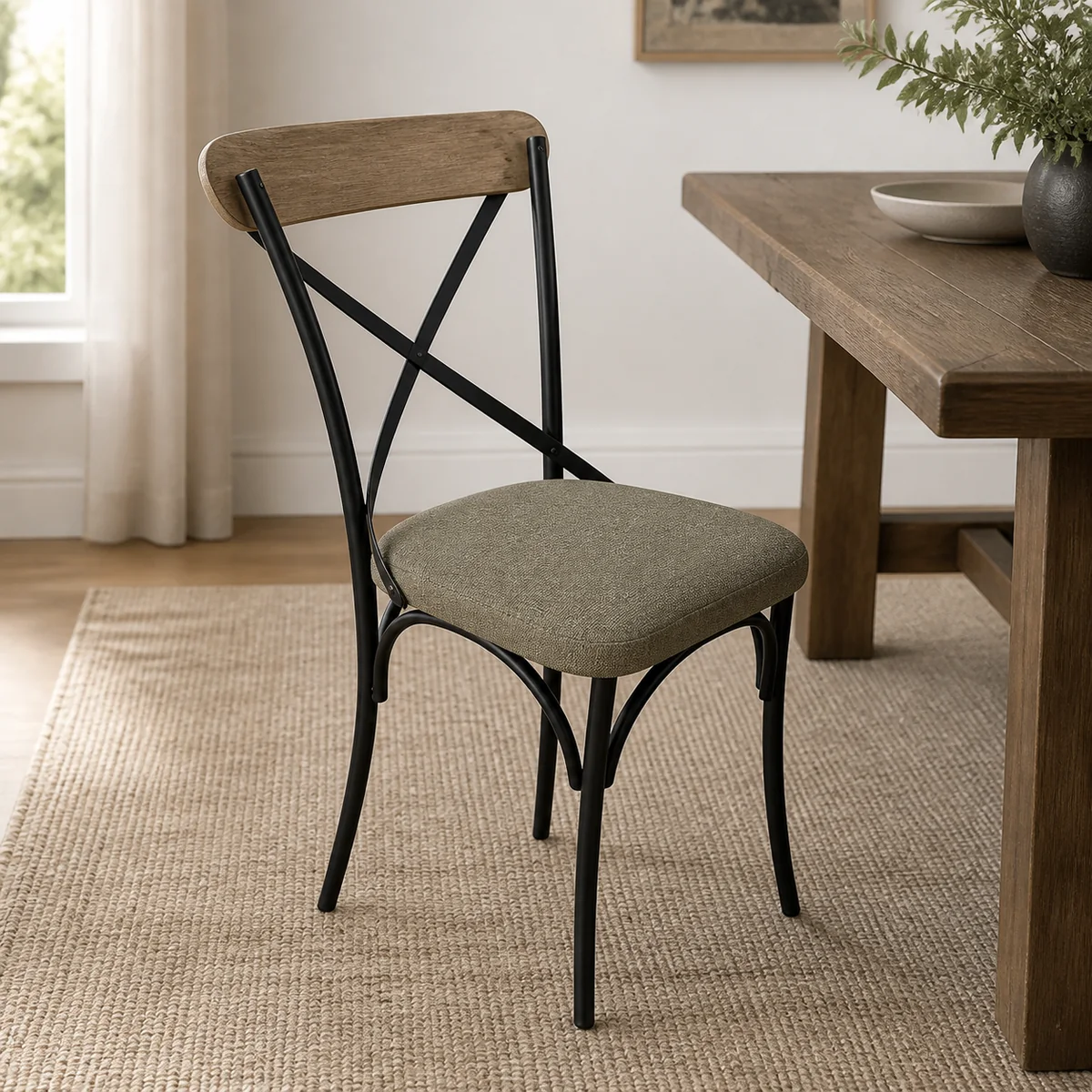 Crossback Upholstered Dining Chair staged in a curated room setting one.