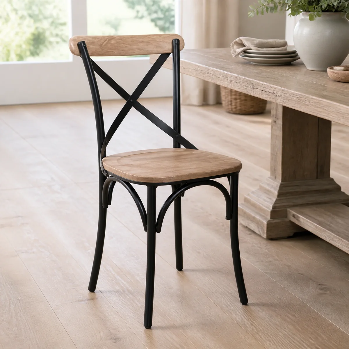 Crossback Timber Dining Chair staged in a curated room setting one.