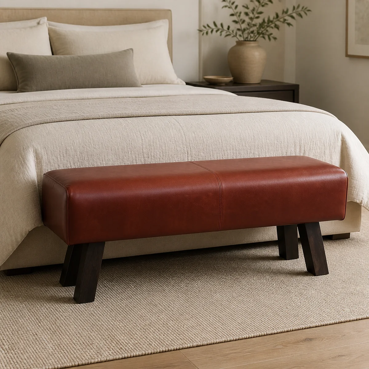Sable Leather Bench staged in a curated room setting one.