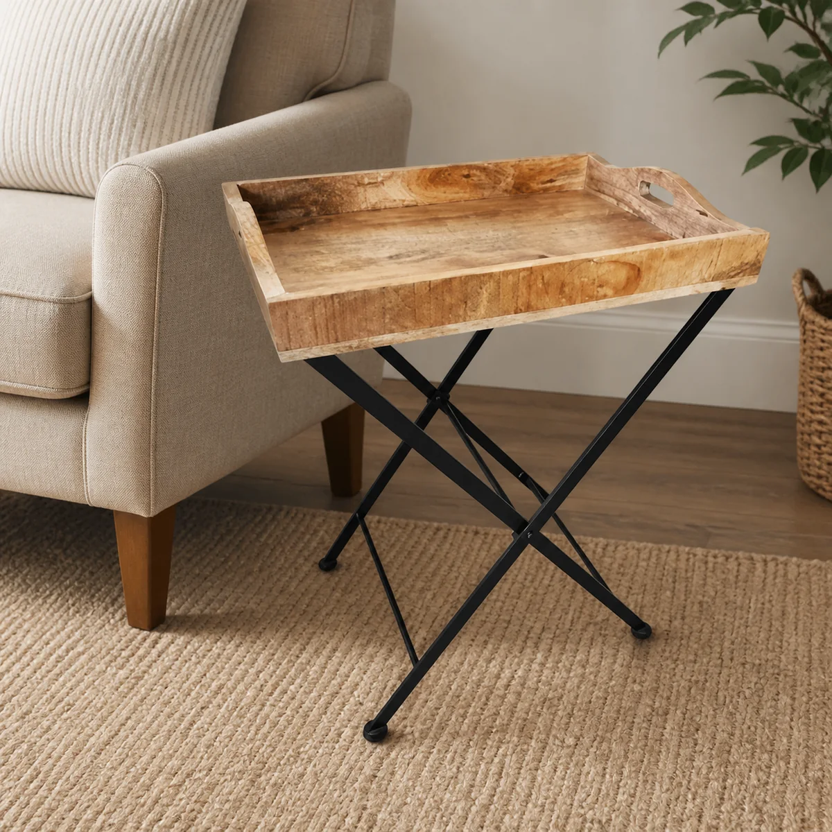 Safari Folding Tray Table staged in a curated room setting one.