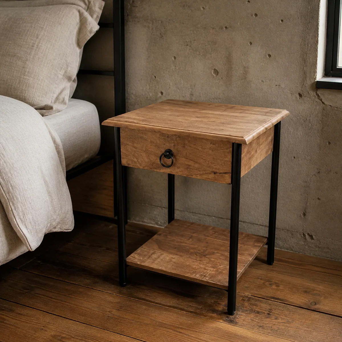Foundry One-Drawer Bedside staged in a curated room setting one.