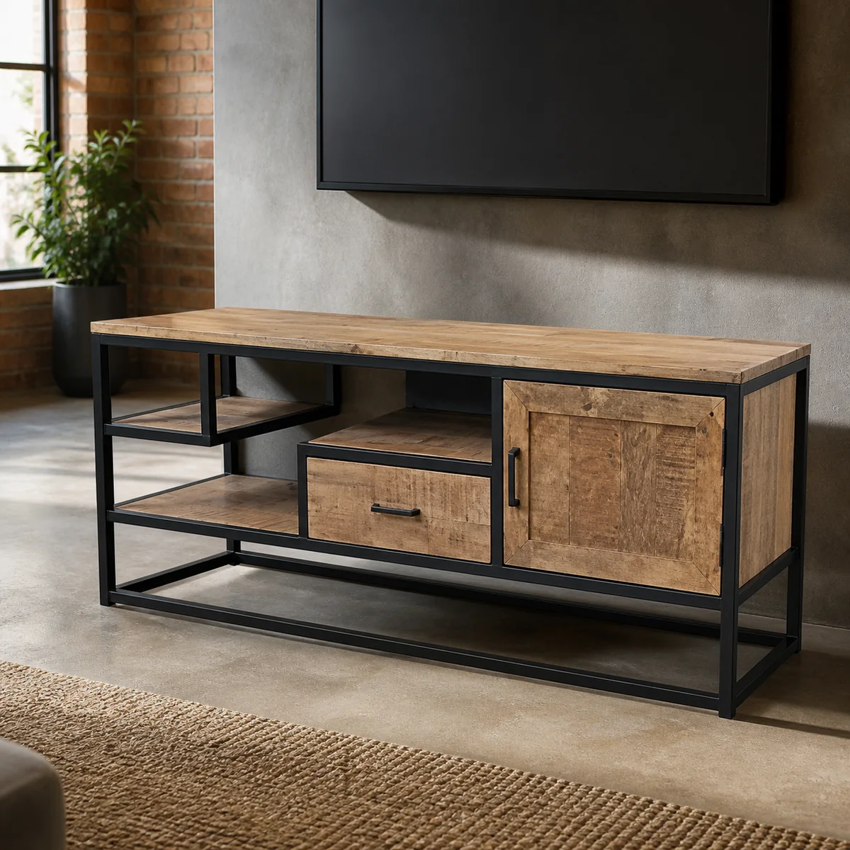 Foundry Asymmetric Media Console staged in a curated room setting one.