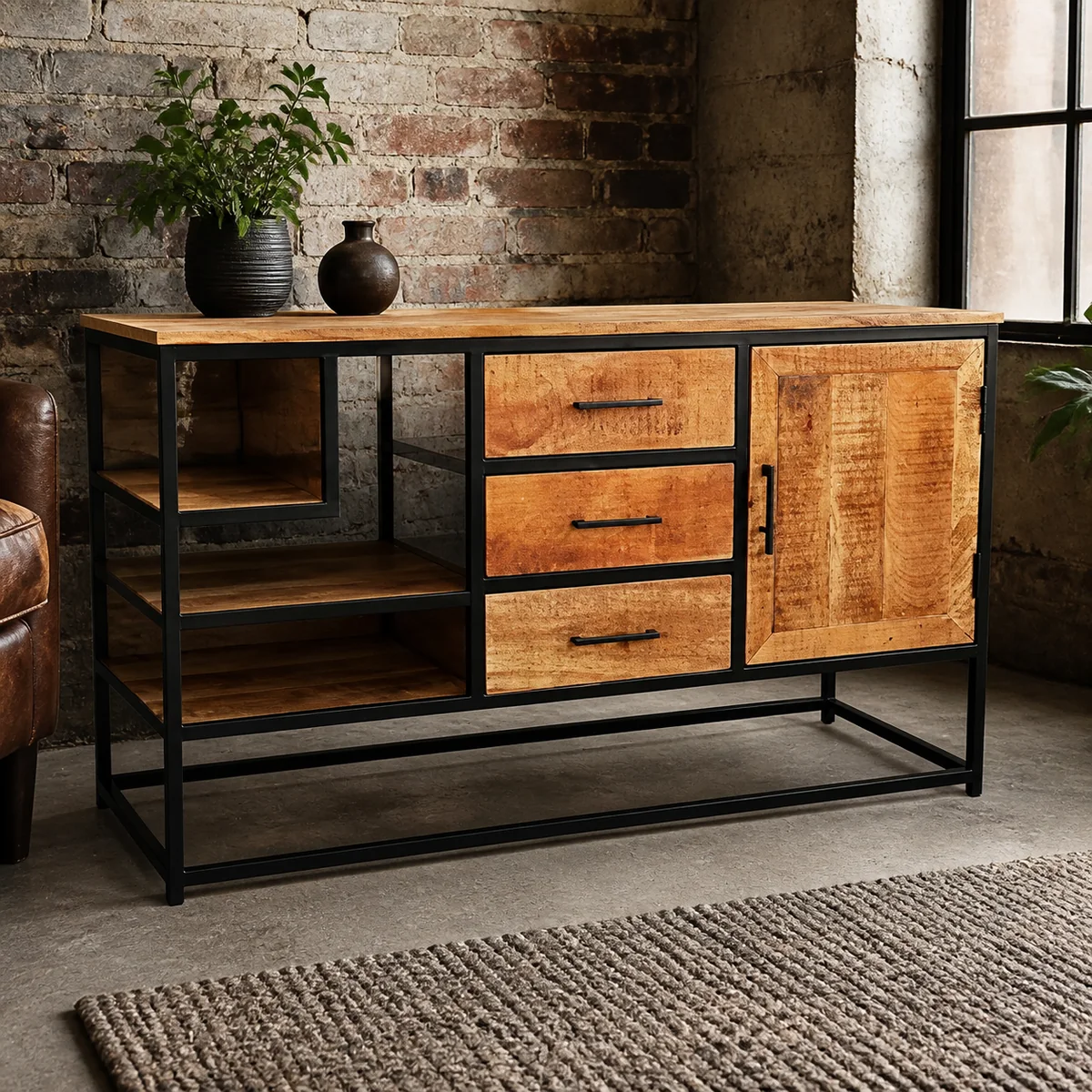 Foundry Drawer Cabinet staged in a curated room setting one.