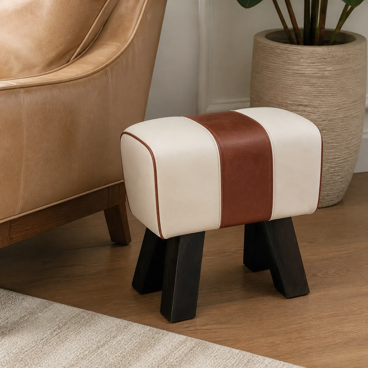 Saddle Stripe Leather Stool staged in a curated room setting one.