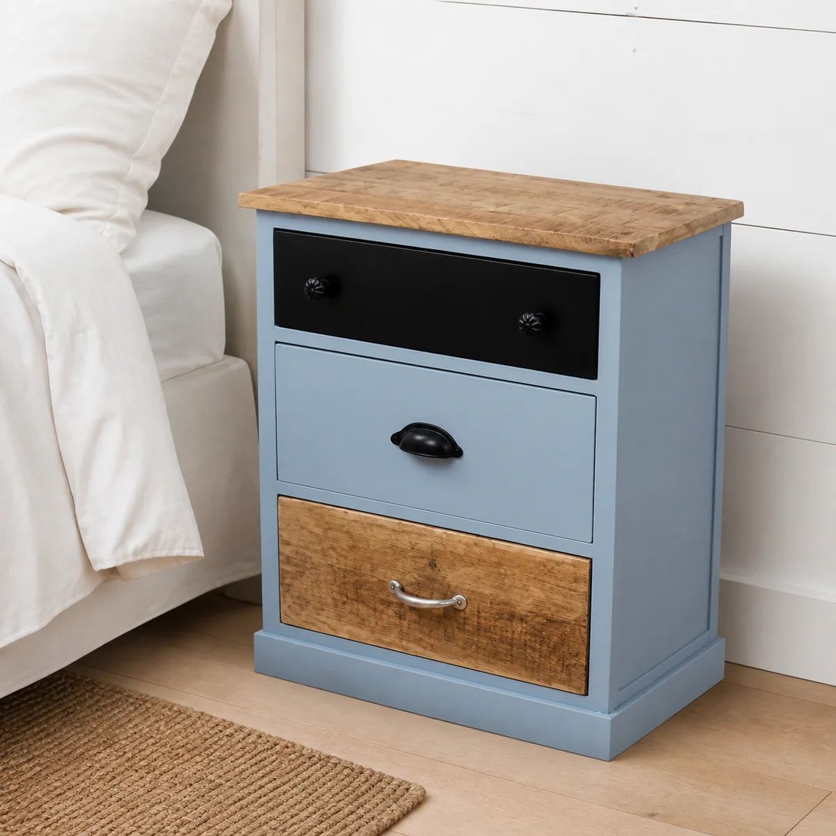 Coastal Colourblock Bedside Chest staged in a curated room setting one.