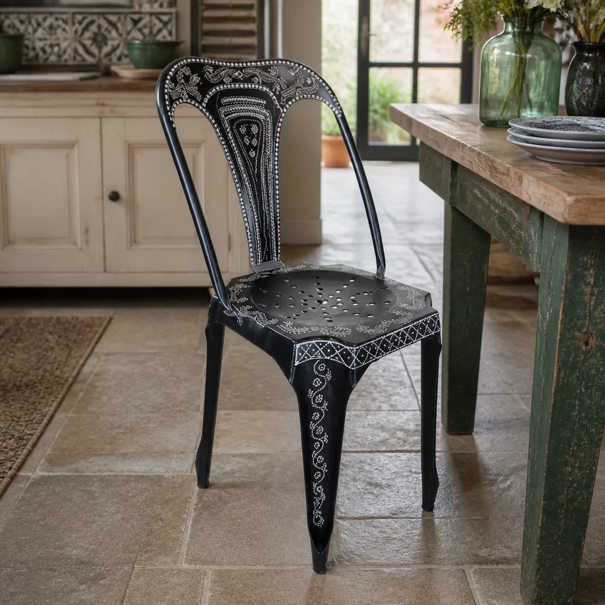 Pressed-Metal Bistro Chair staged in a curated room setting one.