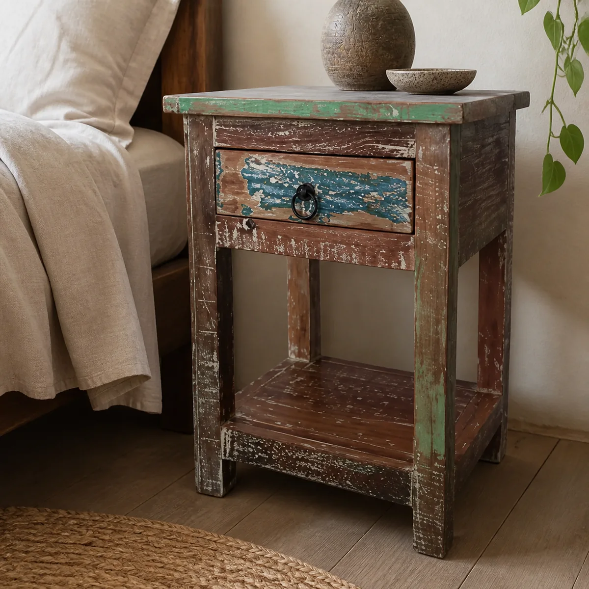 Swakop Reclaimed Bedside Table staged in a curated room setting one.