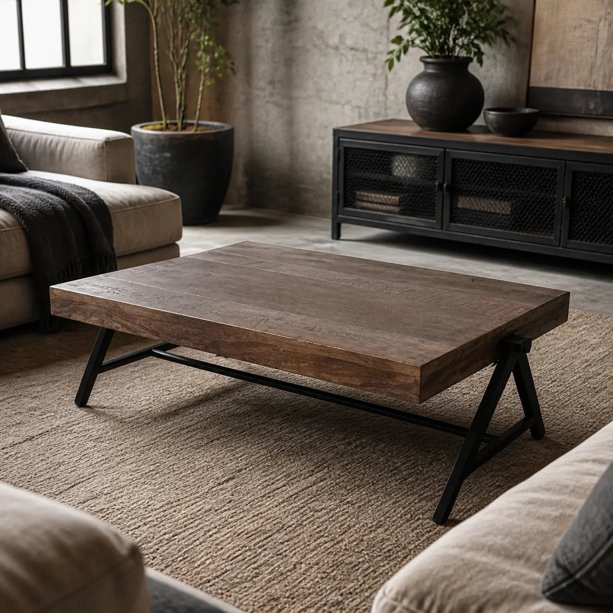 Foundry Low Rectangular Table staged in a curated room setting one.