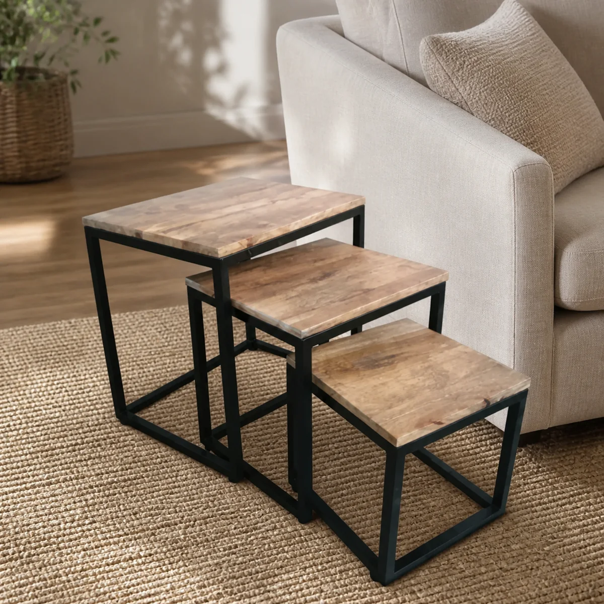 Foundry Square Nesting Tables staged in a curated room setting one.