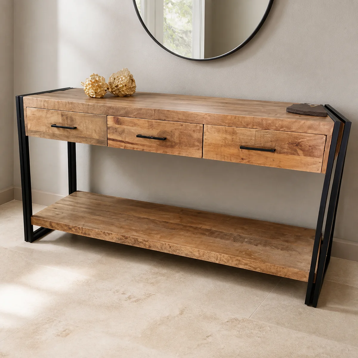 Ongava Three-Drawer Console staged in a curated room setting one.