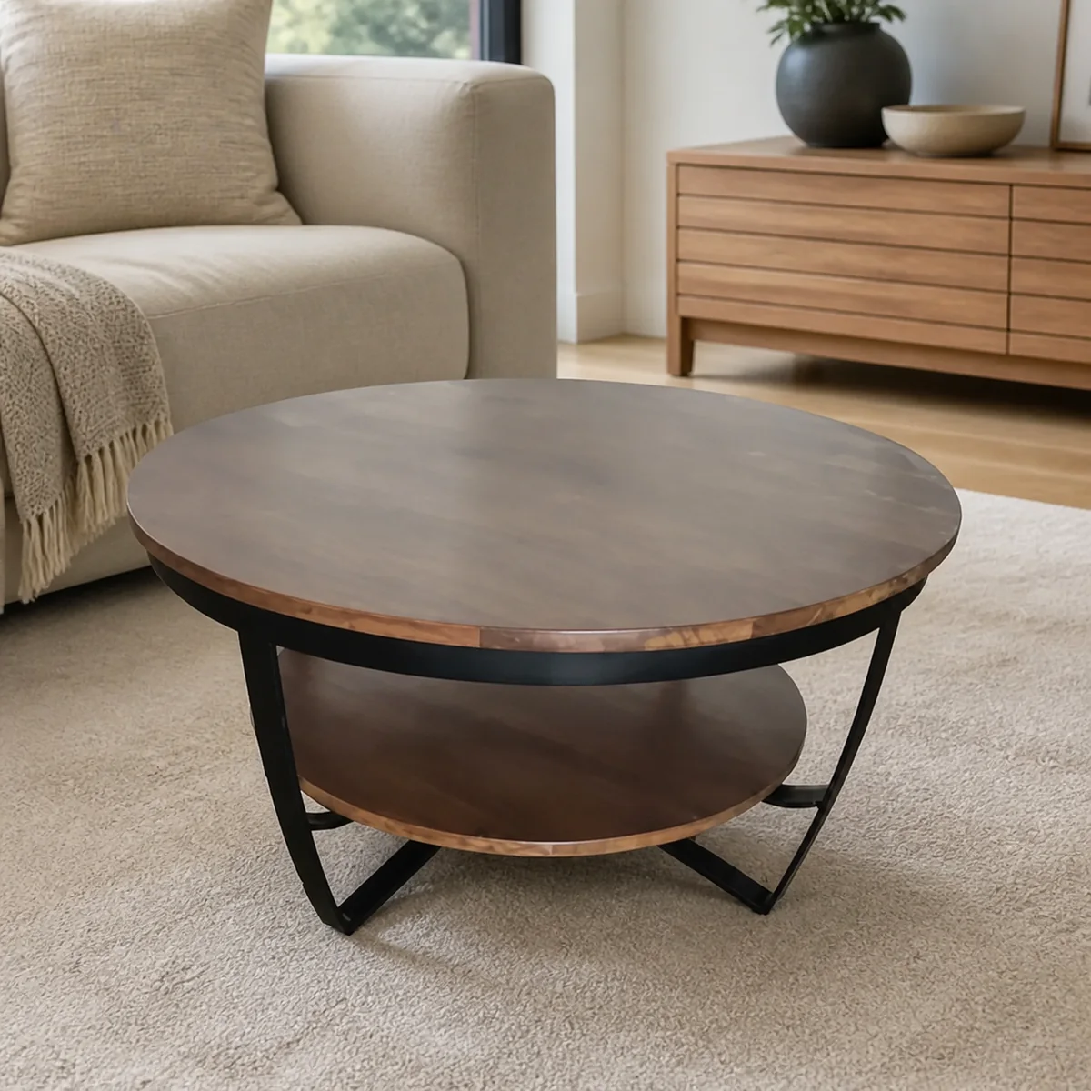 Oasis Bowl-Shelf Coffee Table staged in a curated room setting one.