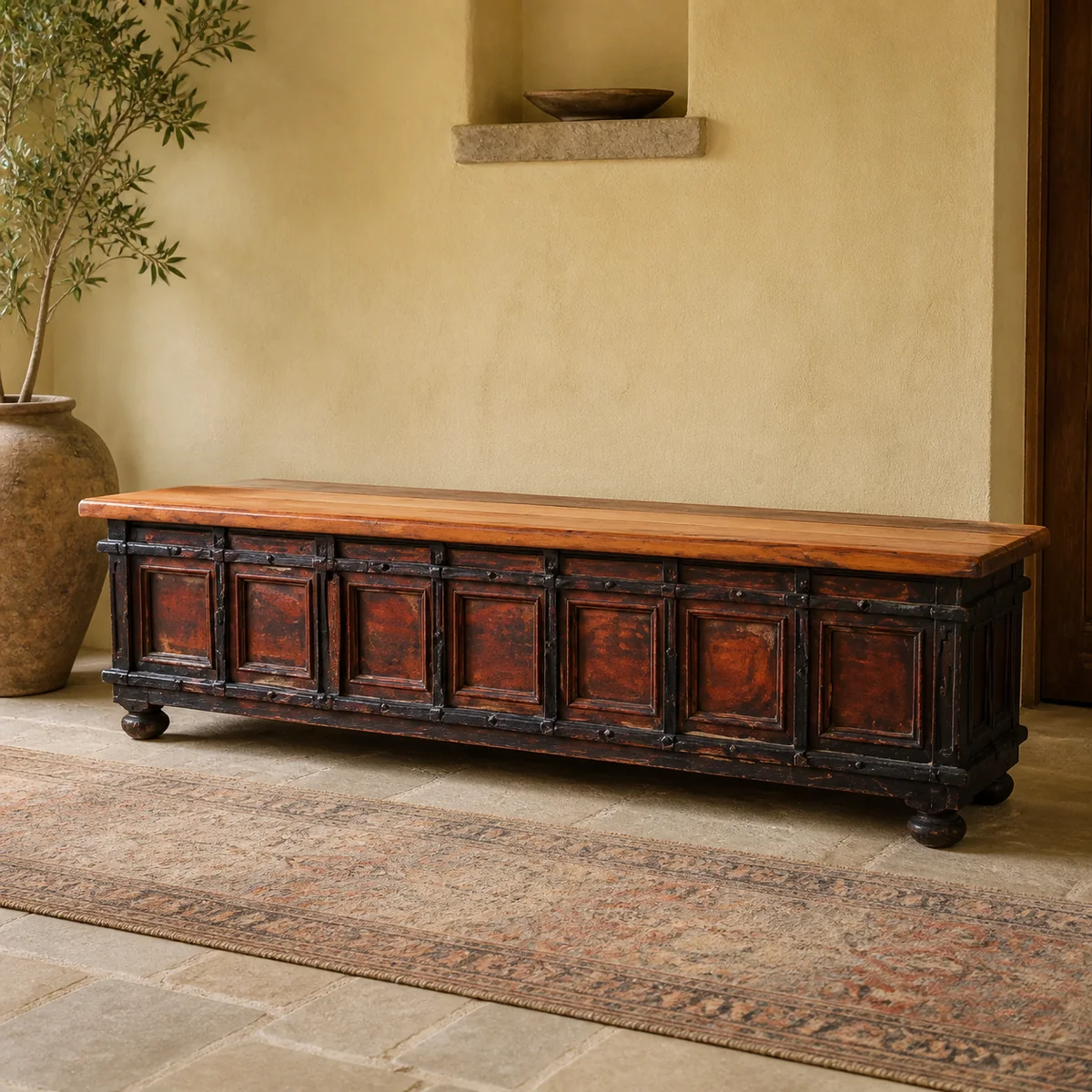 Kavango Darkwood Panel Chest staged in a curated room setting one.