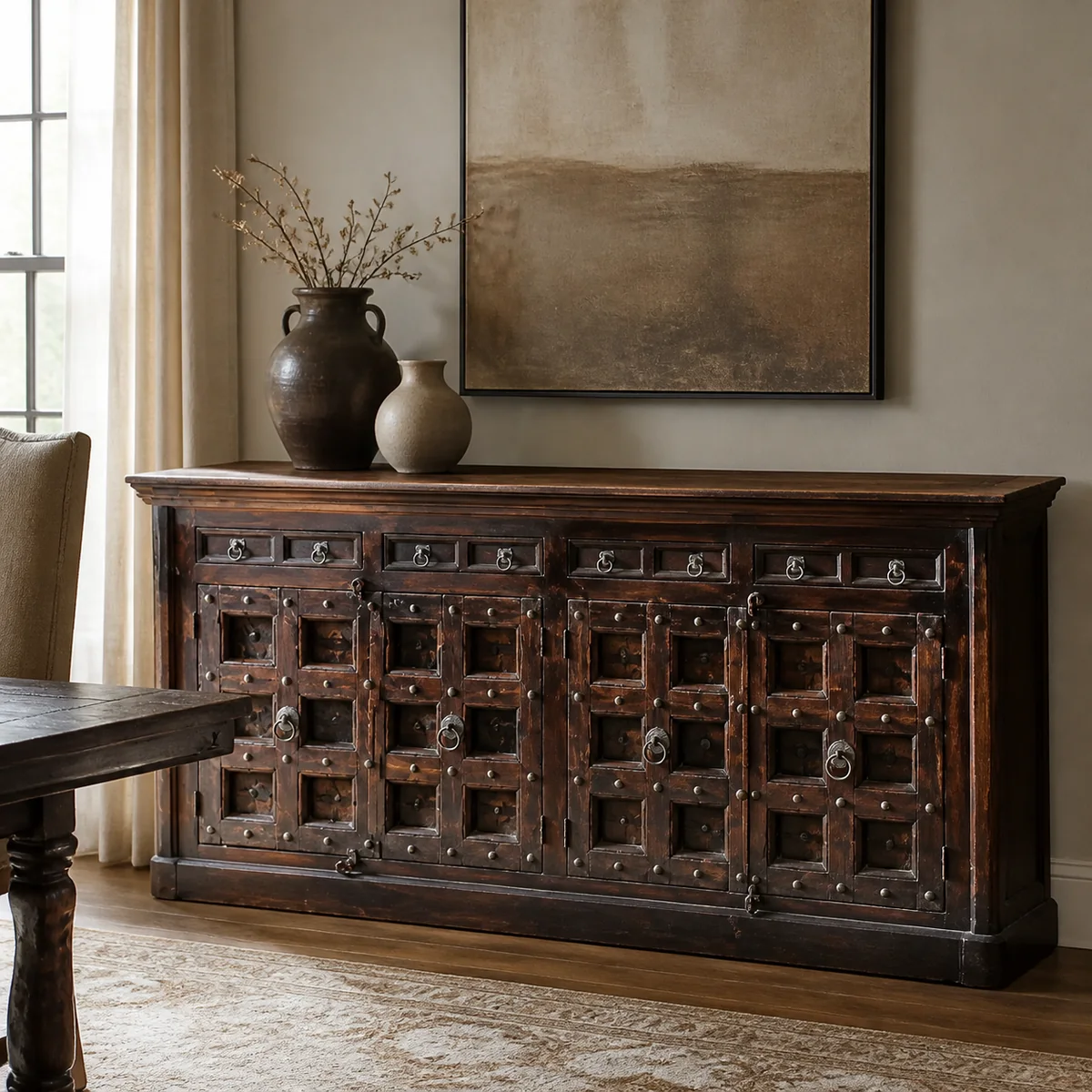 Ongava Grid-Carved Sideboard staged in a curated room setting one.