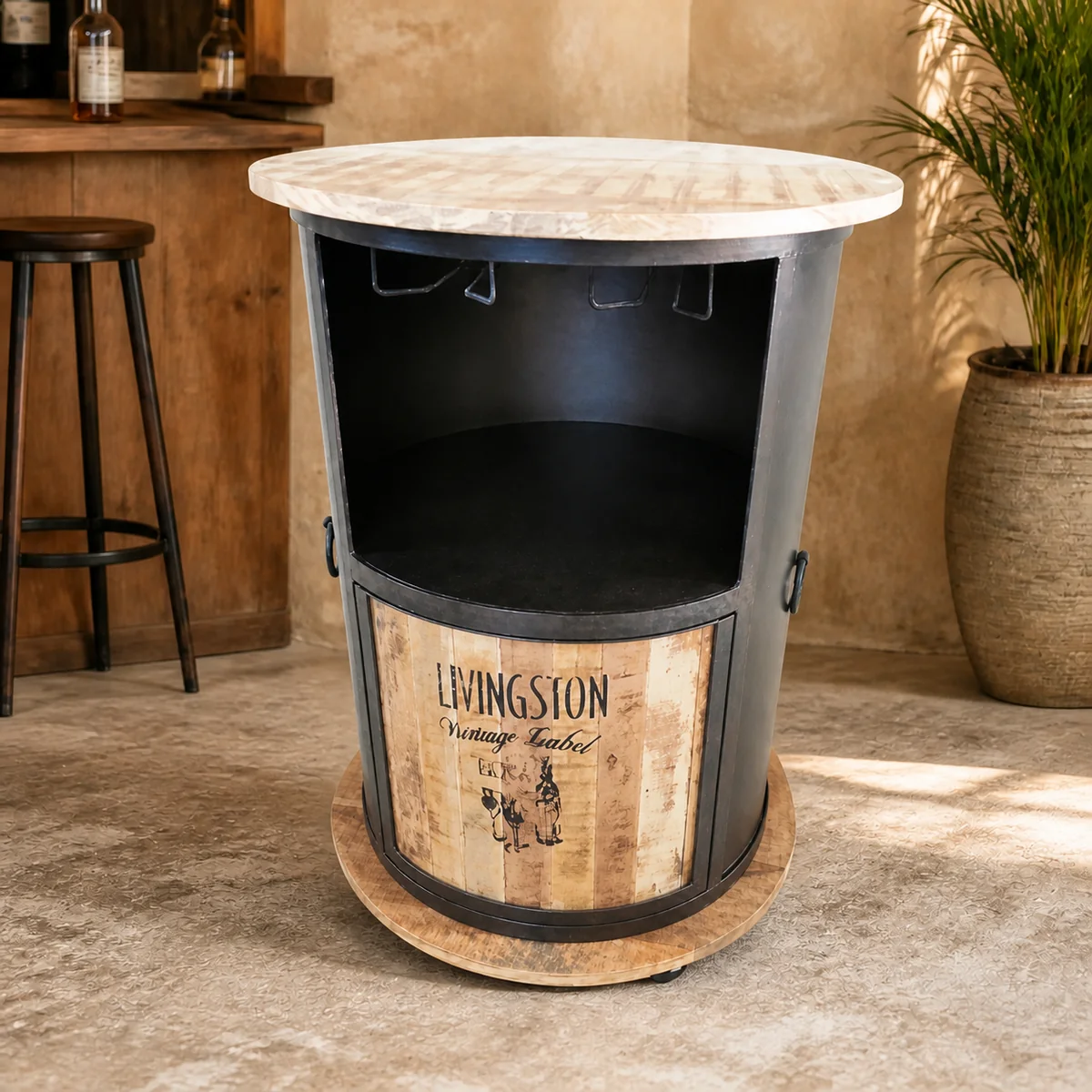 Omaruru Barrel Bar Cabinet staged in a curated room setting one.