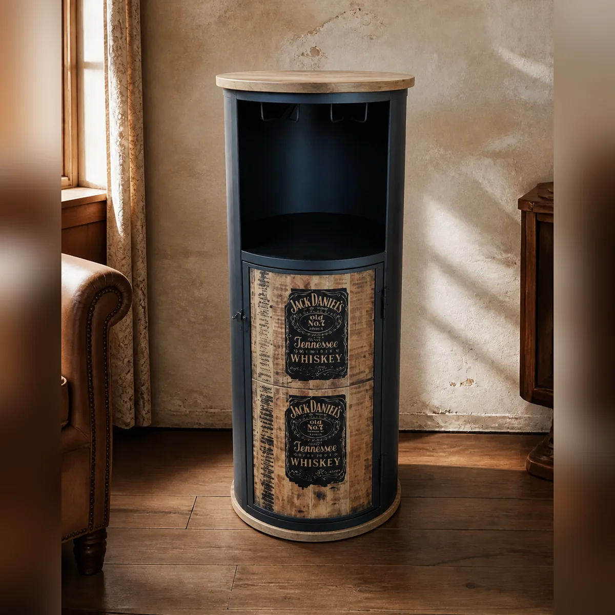 Karas Barrel Display Bar staged in a curated room setting one.