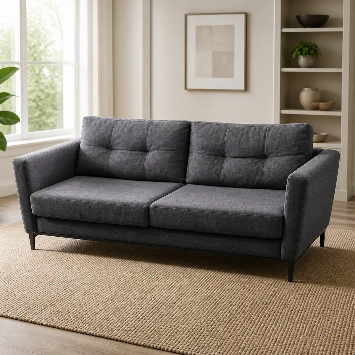 Etosha Tailored Three-Seat Sofa staged in a curated room setting one.