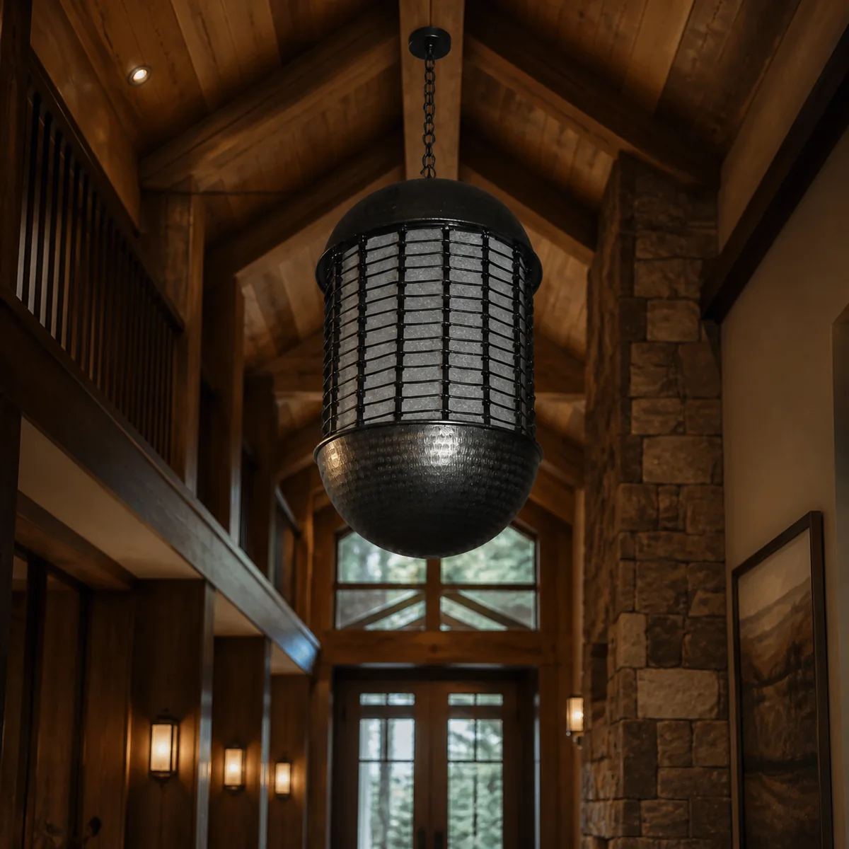 Foundry Cylinder Cage Pendant staged in a curated room setting one.