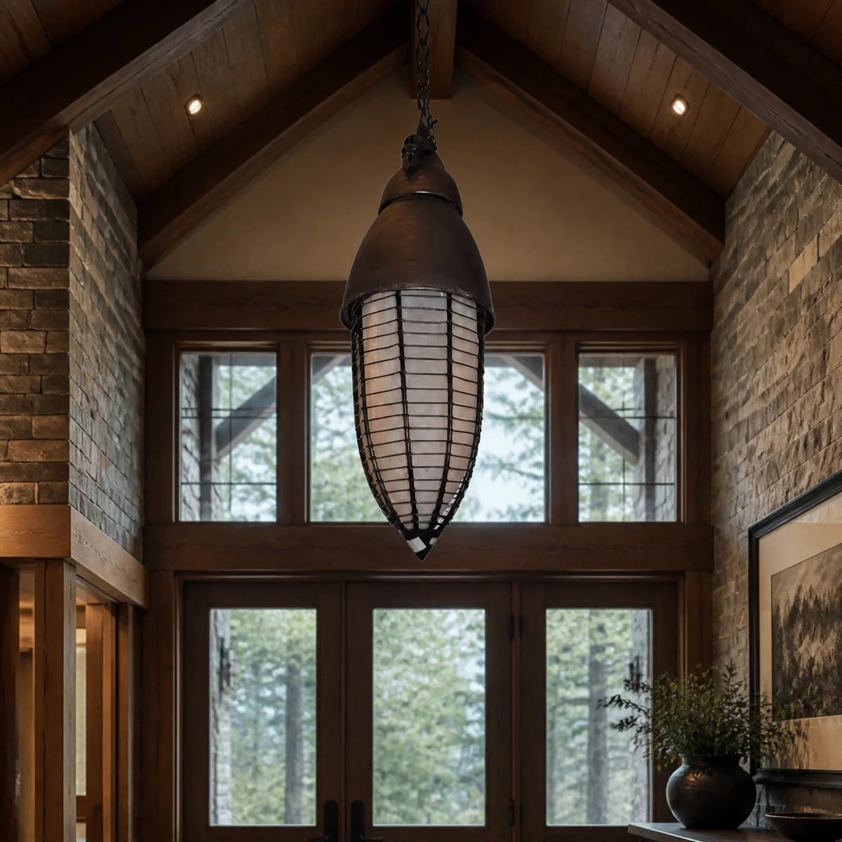 Foundry Spear Cage Pendant staged in a curated room setting one.