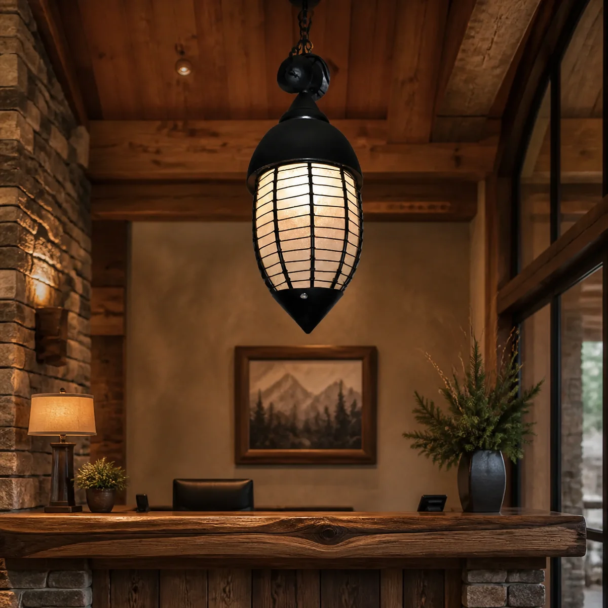 Foundry Oval Cage Pendant staged in a curated room setting one.