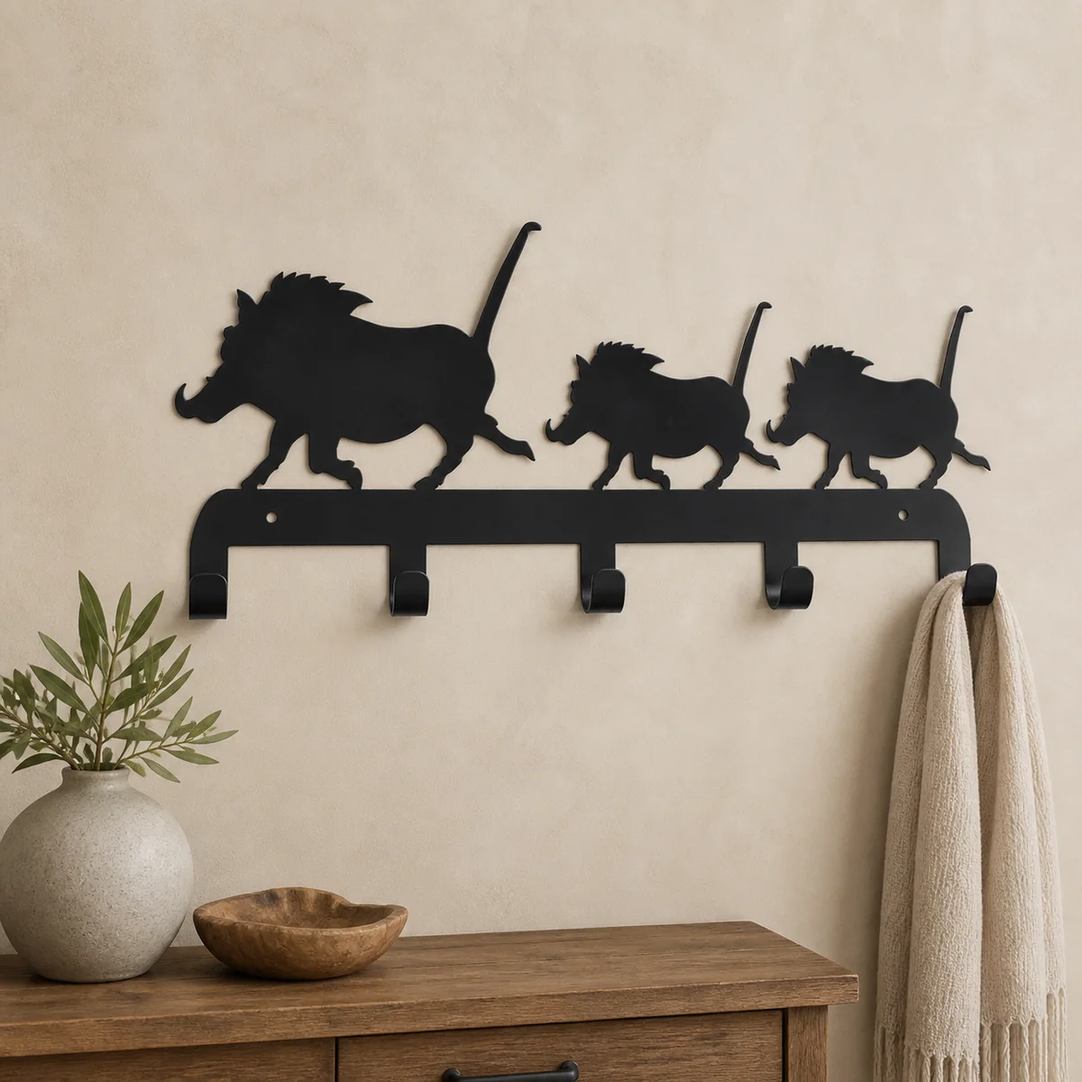 Warthog Parade Five-Hook Rail staged in a curated room setting one.