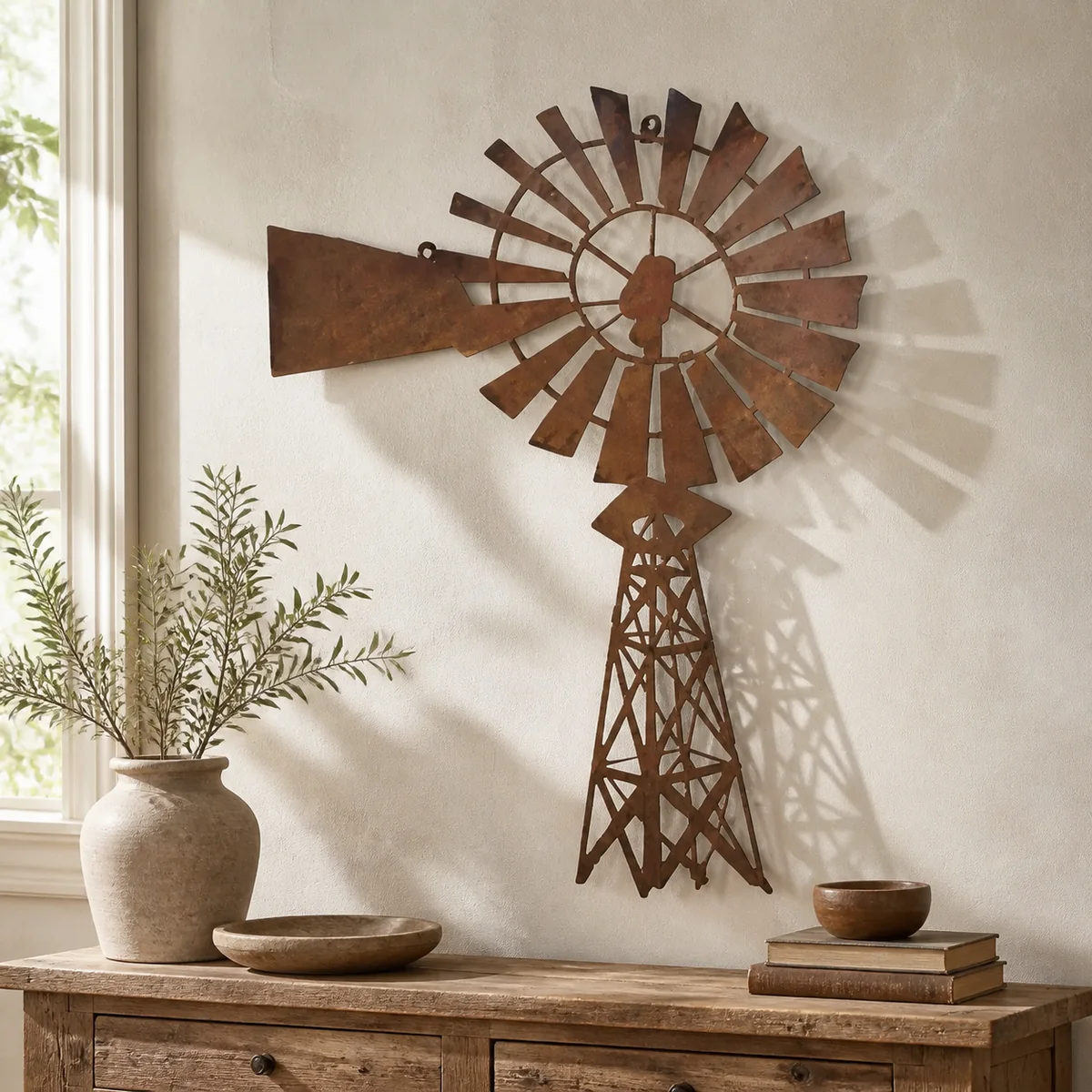Karoo Windmill Wall Sculpture staged in a curated room setting one.
