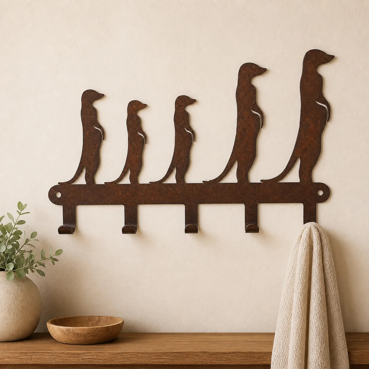 Meerkat Family Five-Hook Rail staged in a curated room setting one.