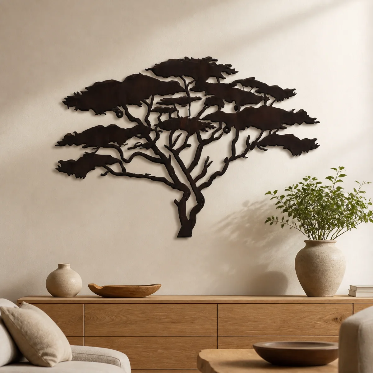 Acacia Canopy Wall Sculpture staged in a curated room setting one.