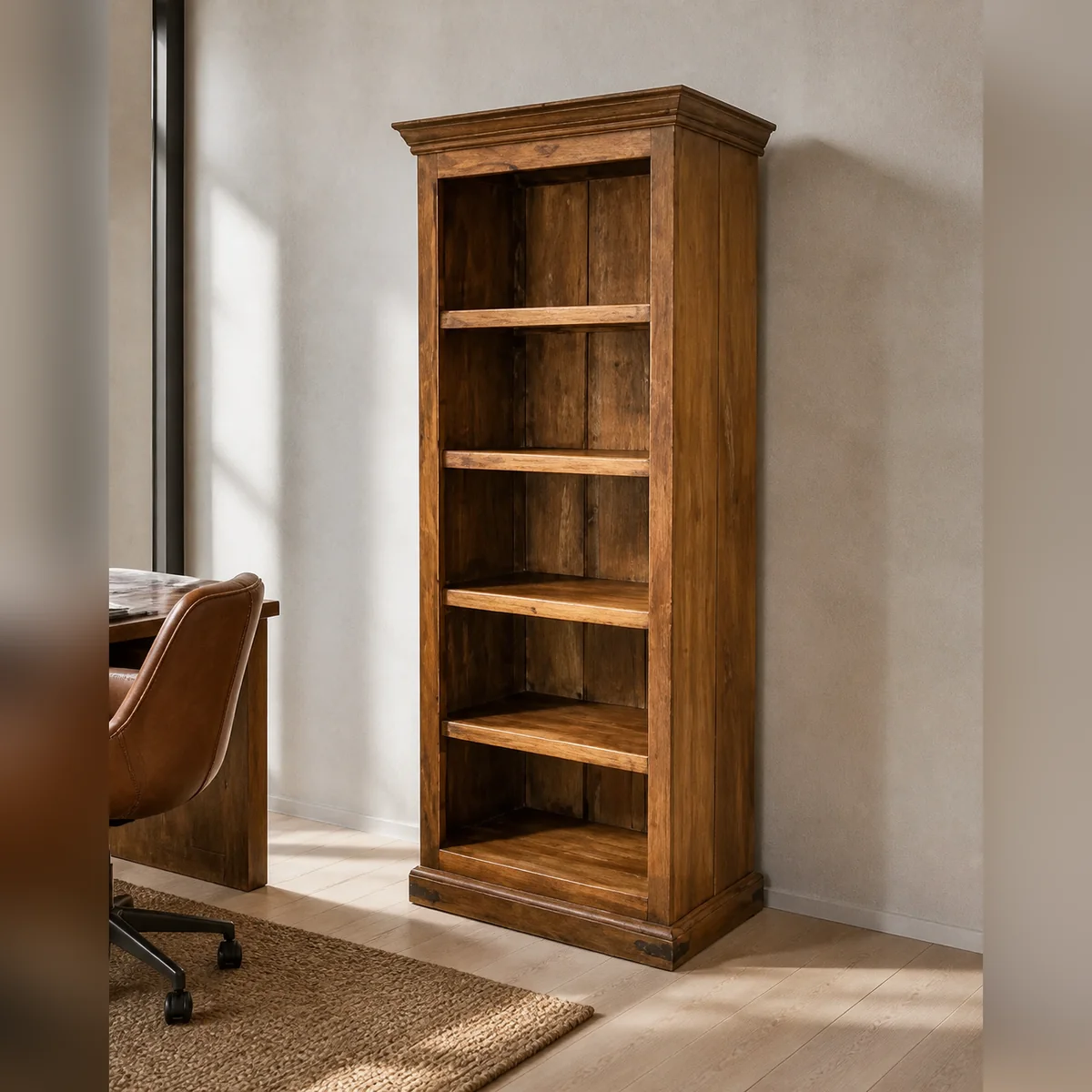 Mopane Natural Open Bookcase staged in a curated room setting one.