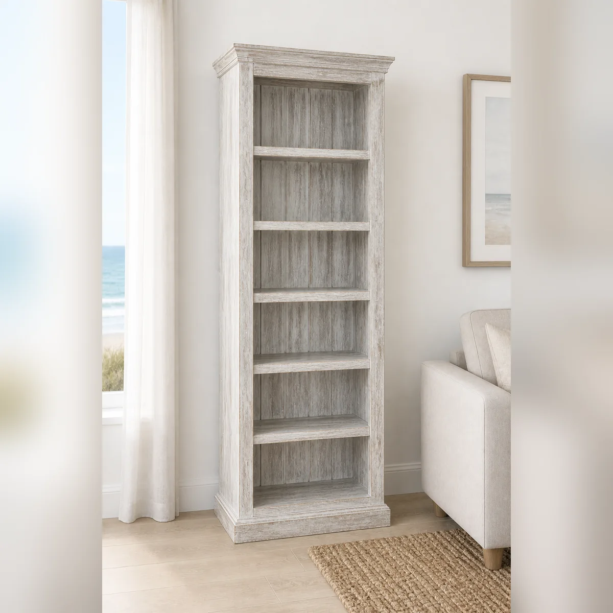 Saltpan Greywash Bookcase staged in a curated room setting one.