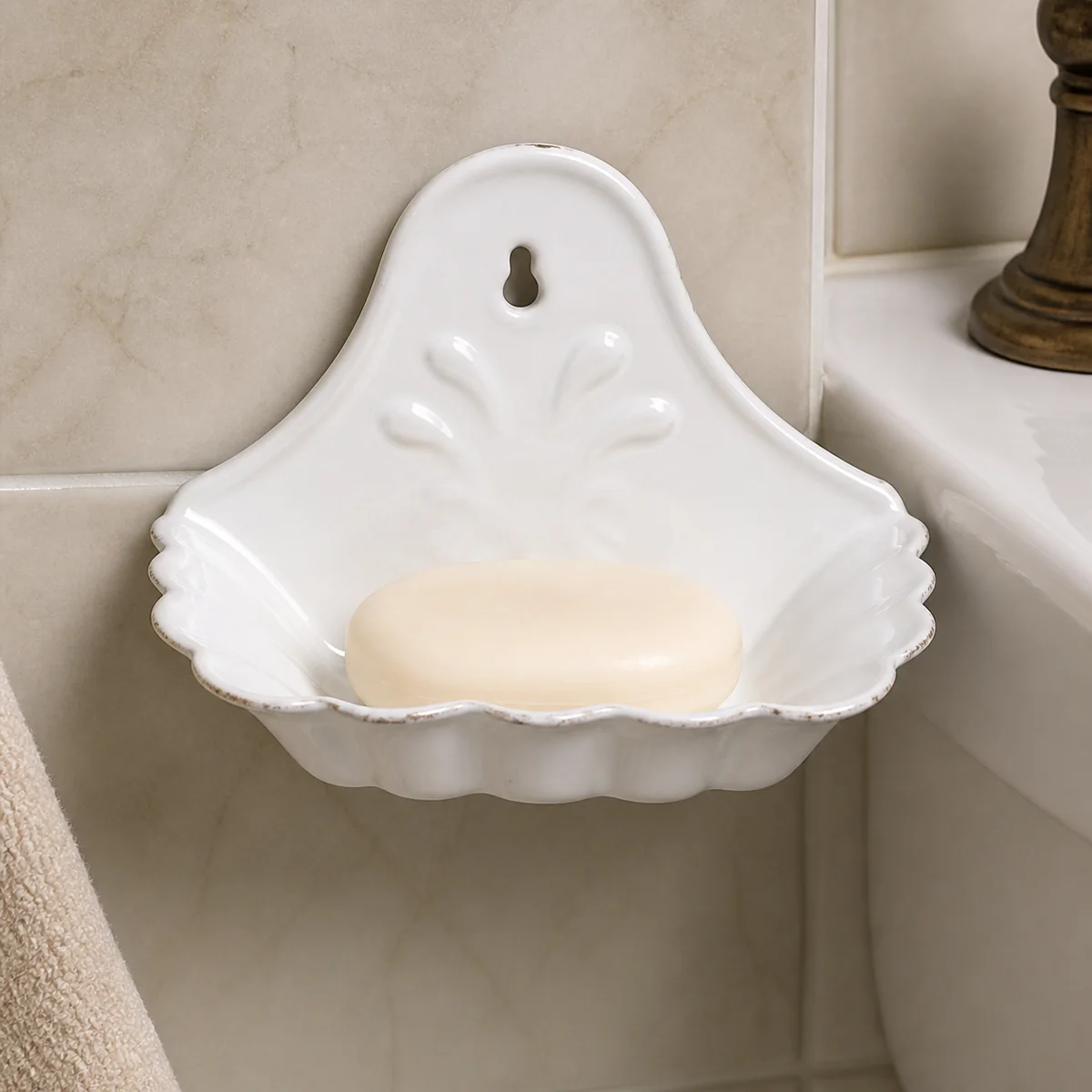 White Enamel Wall Soap Dish staged in a curated room setting one.