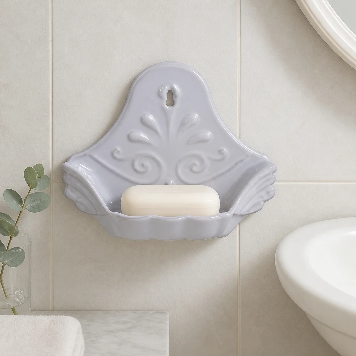 Grey Enamel Wall Soap Dish staged in a curated room setting one.