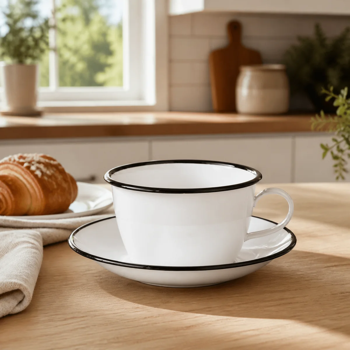 White Enamel Cup and Saucer staged in a curated room setting one.
