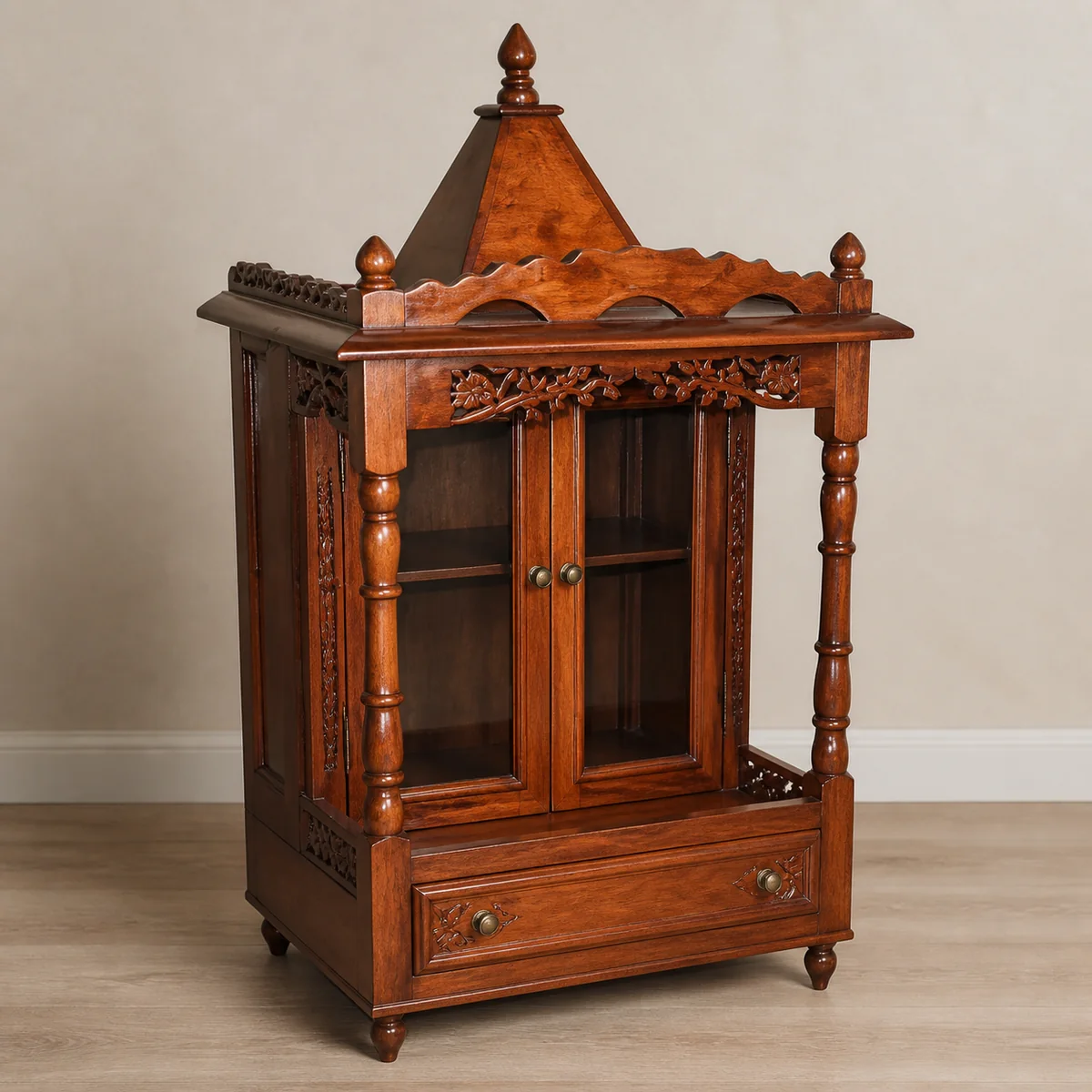 Haveli Temple Display Cabinet staged in a curated room setting one.