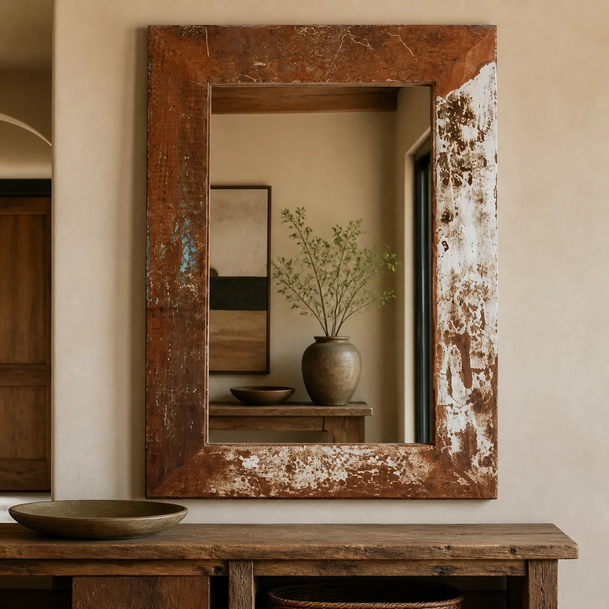 Saltpan Patchwork Mirror staged in a curated room setting one.