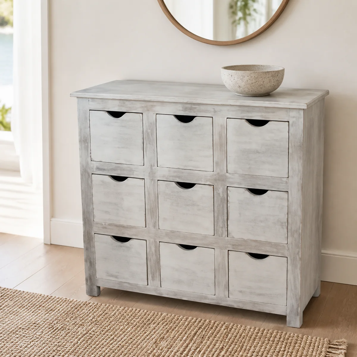 Saltpan Nine-Drawer Cabinet staged in a curated room setting one.
