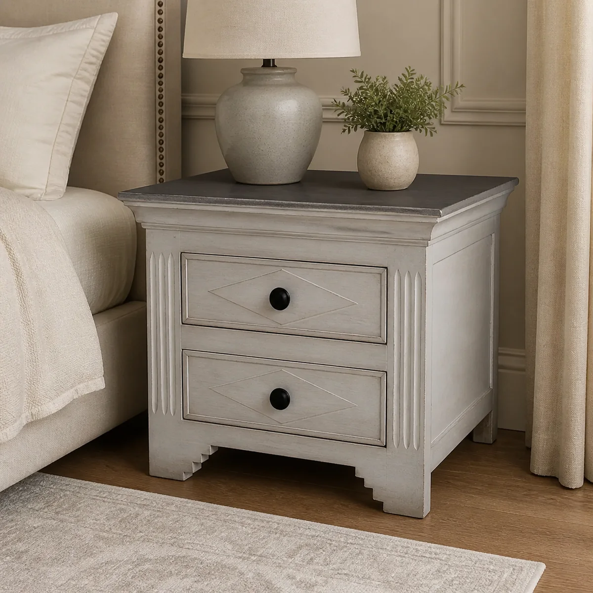 Ombili Grey Two-Drawer Bedside staged in a curated room setting one.