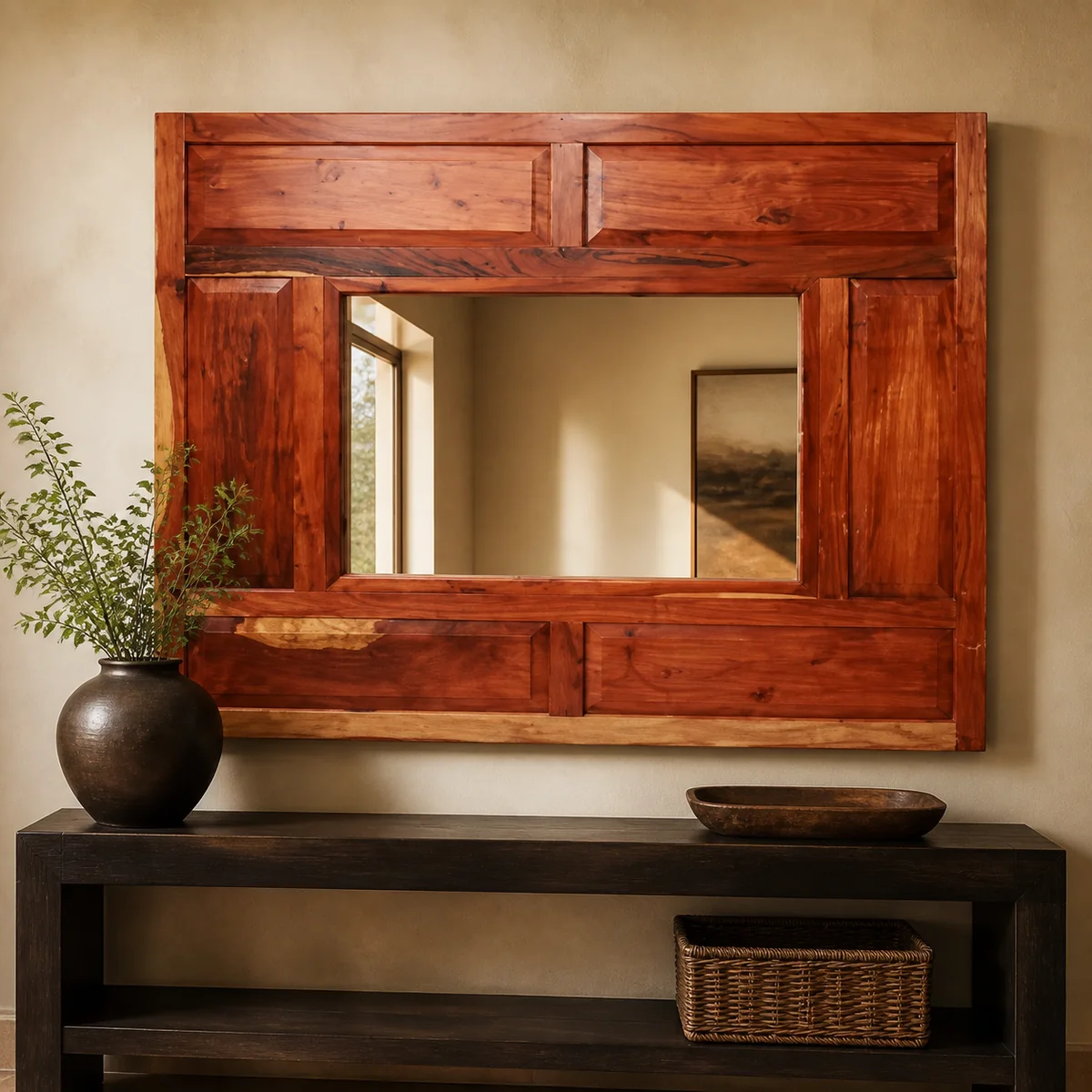 Mopane Panelled Timber Mirror staged in a curated room setting one.