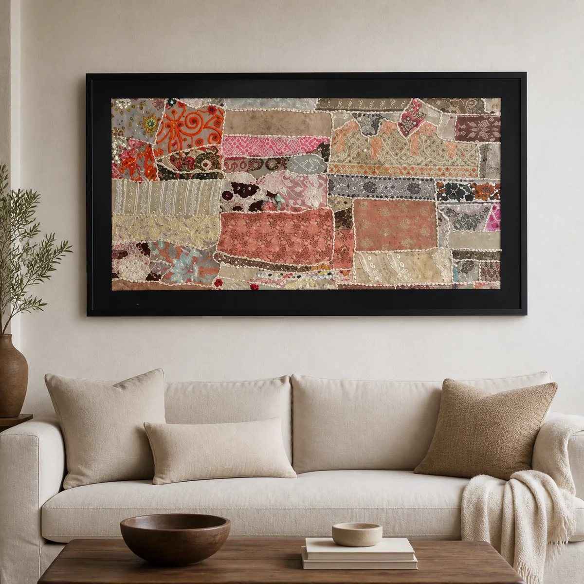 Desert Quilt Framed Textile Art staged in a curated room setting one.