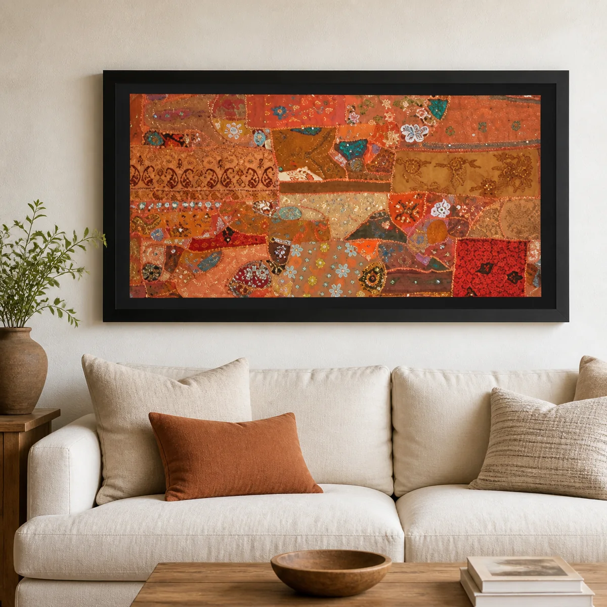 Ember Quilt Framed Textile Art staged in a curated room setting one.