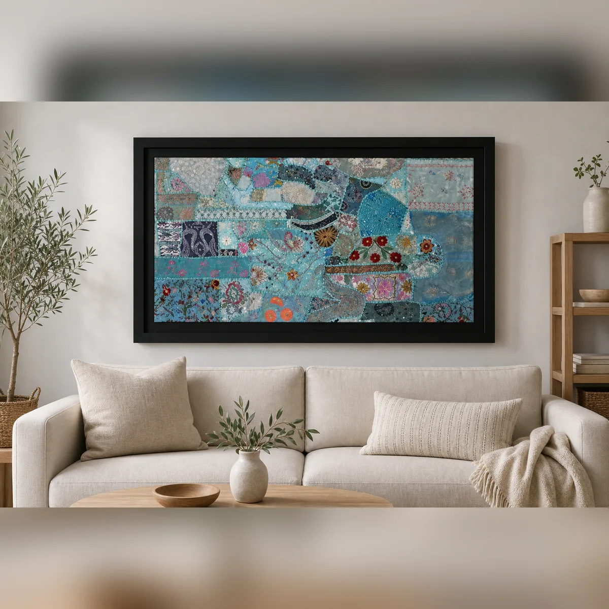 Lagoon Quilt Framed Textile Art staged in a curated room setting one.