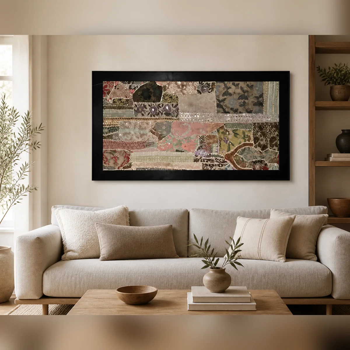 Stone Quilt Framed Textile Art staged in a curated room setting one.