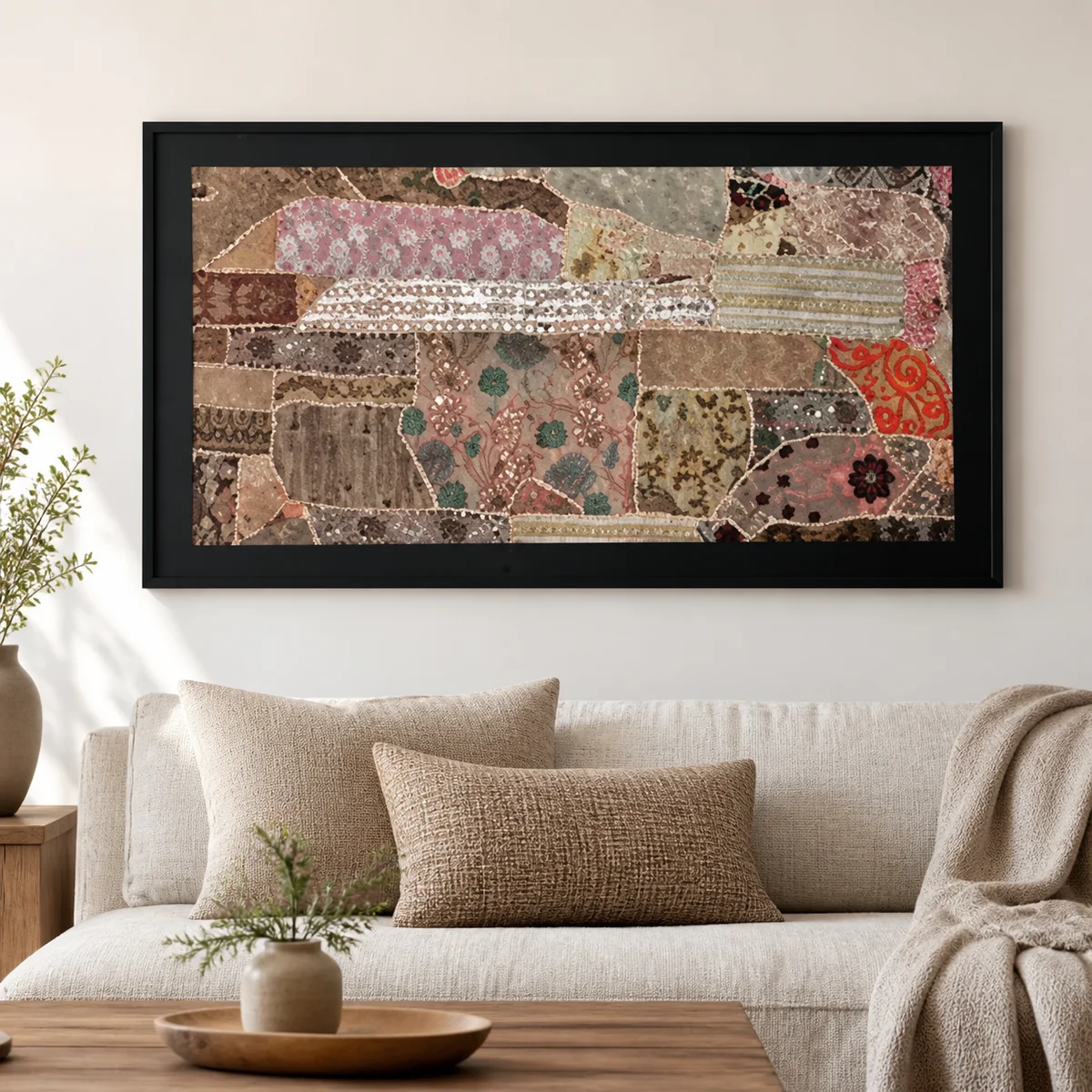 Rose Mosaic Framed Textile Art staged in a curated room setting one.