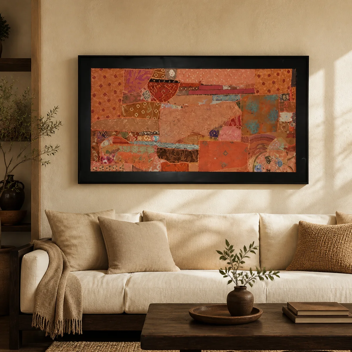 Terracotta Quilt Framed Textile Art staged in a curated room setting one.