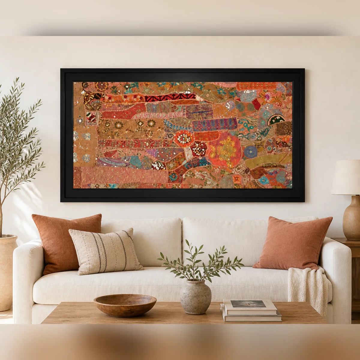 Festival Quilt Framed Textile Art staged in a curated room setting one.