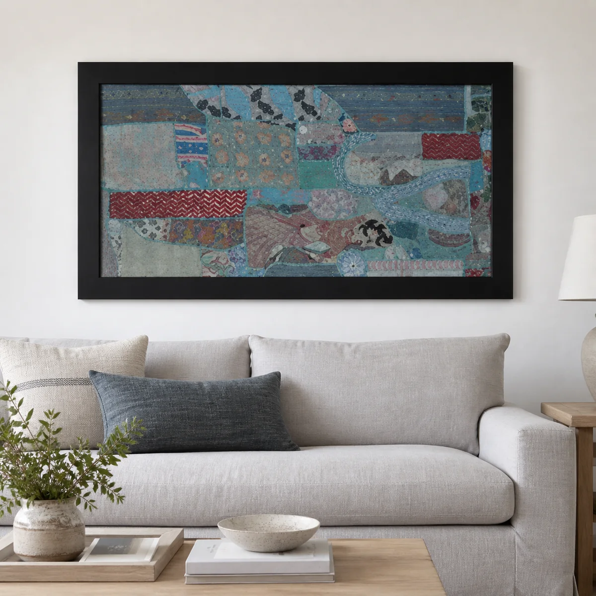 Dusk Quilt Framed Textile Art staged in a curated room setting one.