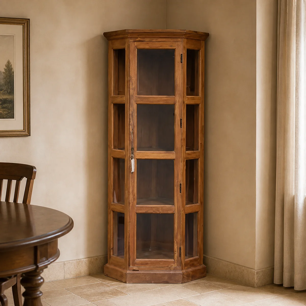 Kavango Corner Display Cabinet staged in a curated room setting one.