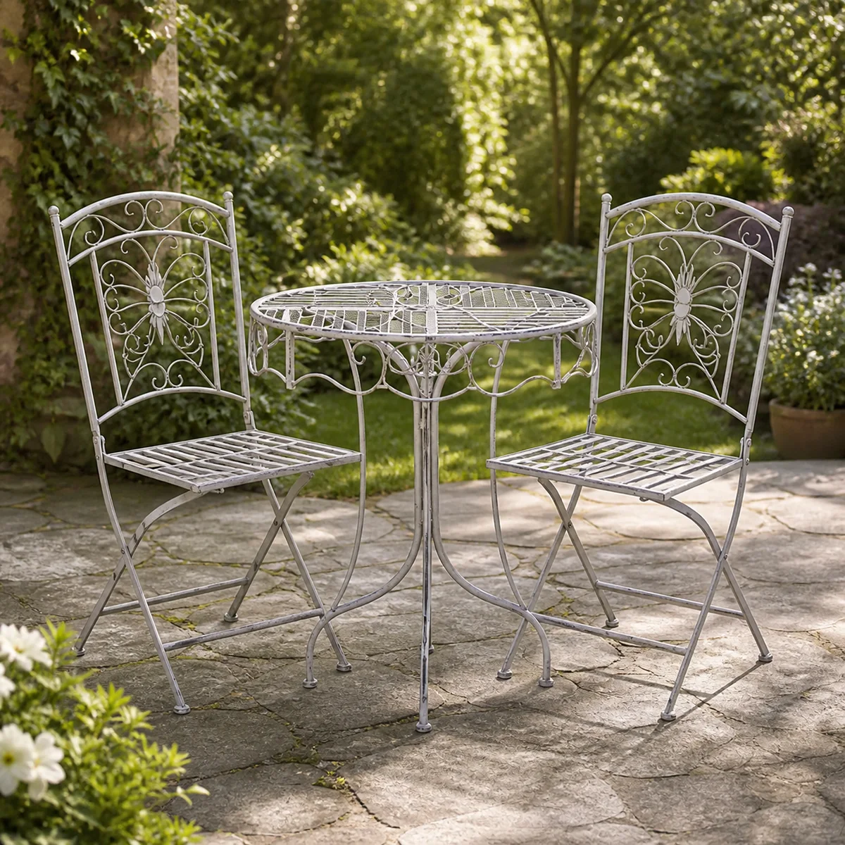 Silver Sunburst Bistro Set staged in a curated room setting one.