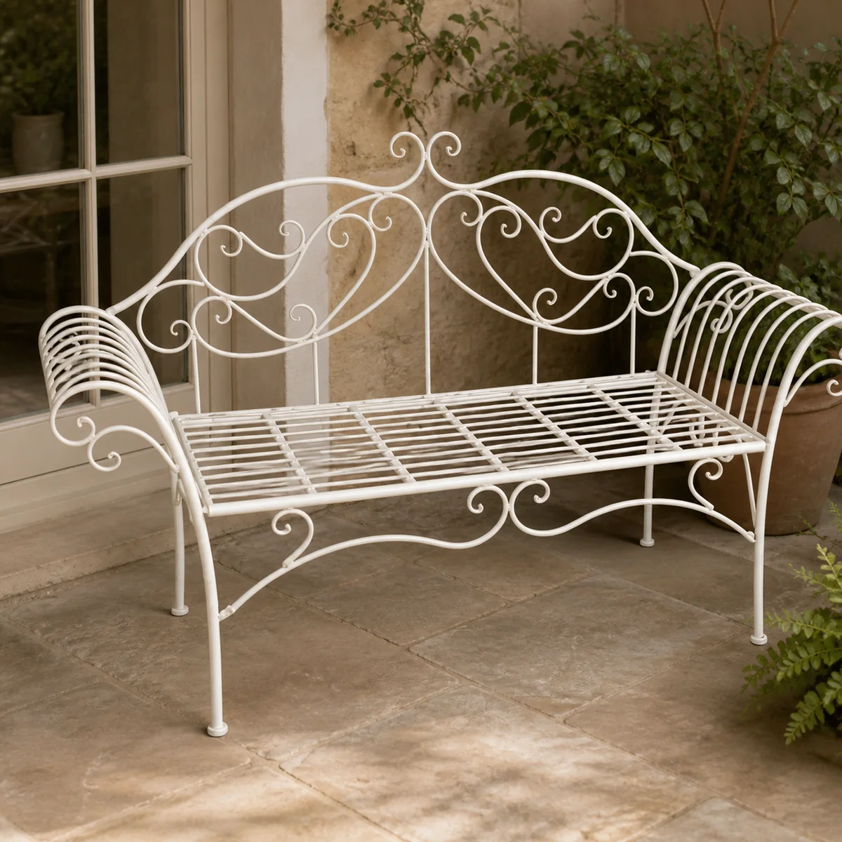 Ivory Scroll Garden Bench staged in a curated room setting one.