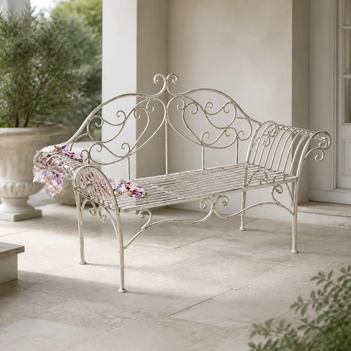 Floral Parchment Scroll Garden Bench staged in a curated room setting one.