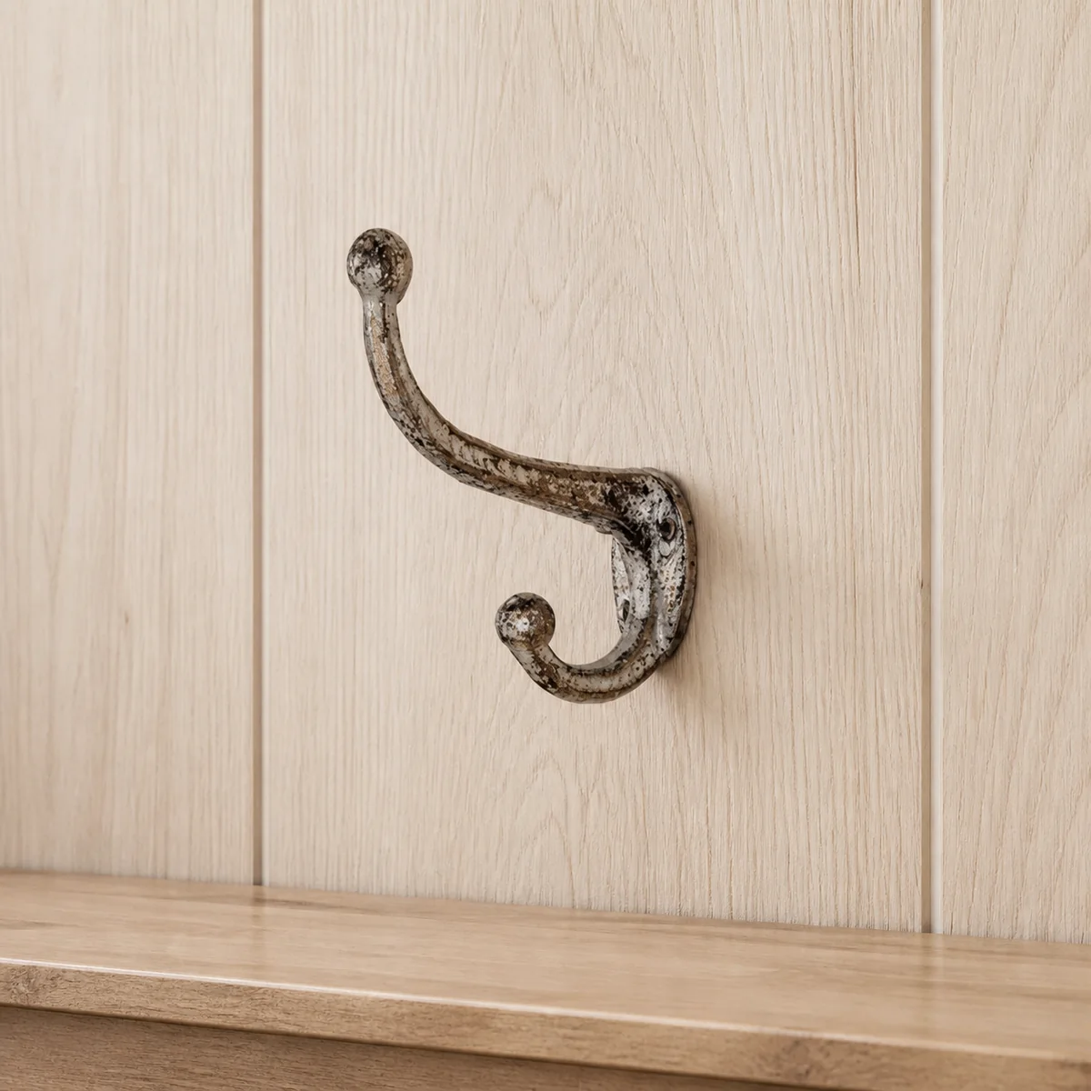 Silver Compact Double Hook staged in a curated room setting one.